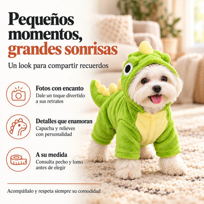 Disfraces Pawvia para perros: dinosaurio verde, dinosaurio lila y abejita amarilla; guía de tallas XS–L
