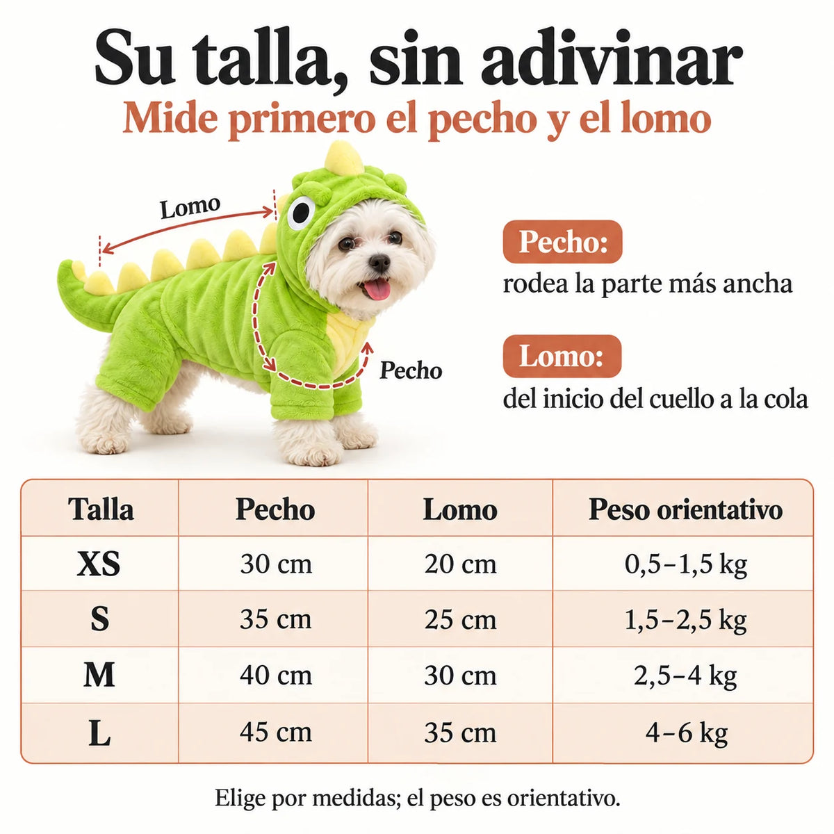 Disfraces Pawvia para perros: dinosaurio verde, dinosaurio lila y abejita amarilla; guía de tallas XS–L