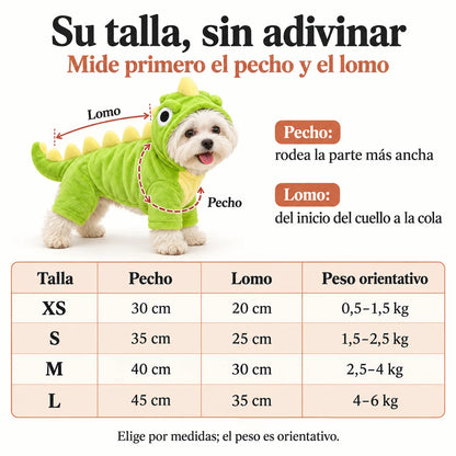 Disfraces Pawvia para perros: dinosaurio verde, dinosaurio lila y abejita amarilla; guía de tallas XS–L