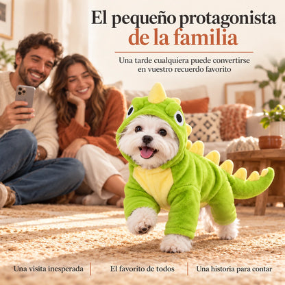 Familia con su perro vestido de dinosaurio: una visita inesperada, el favorito de todos, una historia para contar